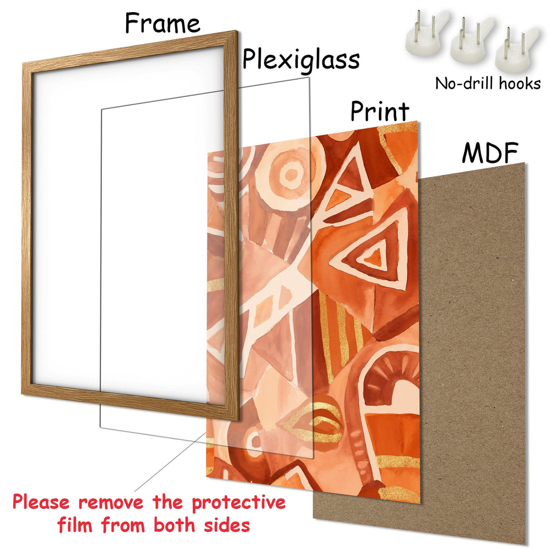 Framed Poster with abstract art in warm orange and gold tones. Modern wall decor for your home. Easy to hang!