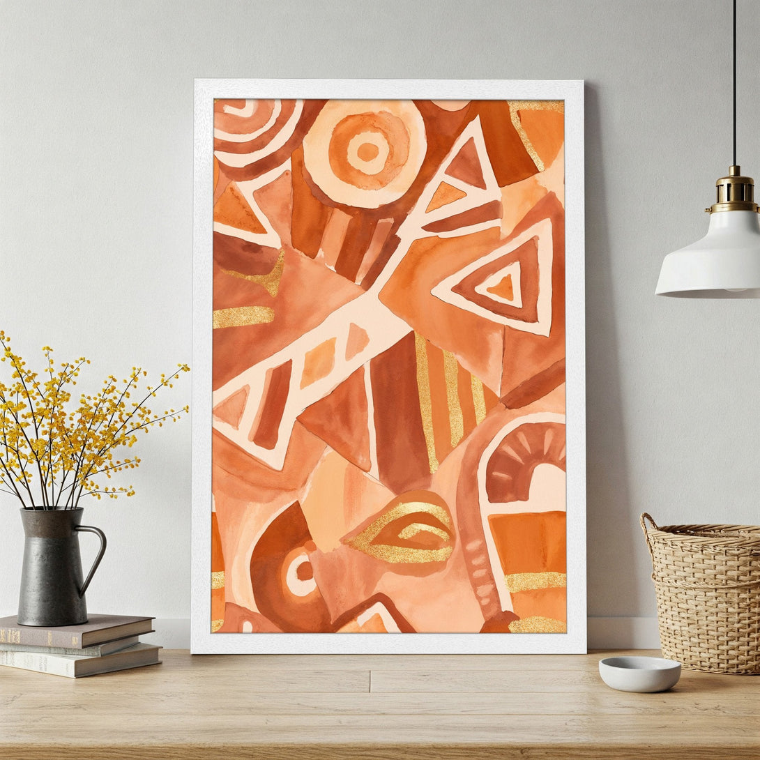 Framed Poster featuring abstract watercolor art in warm orange and gold tones, perfect wall decor.