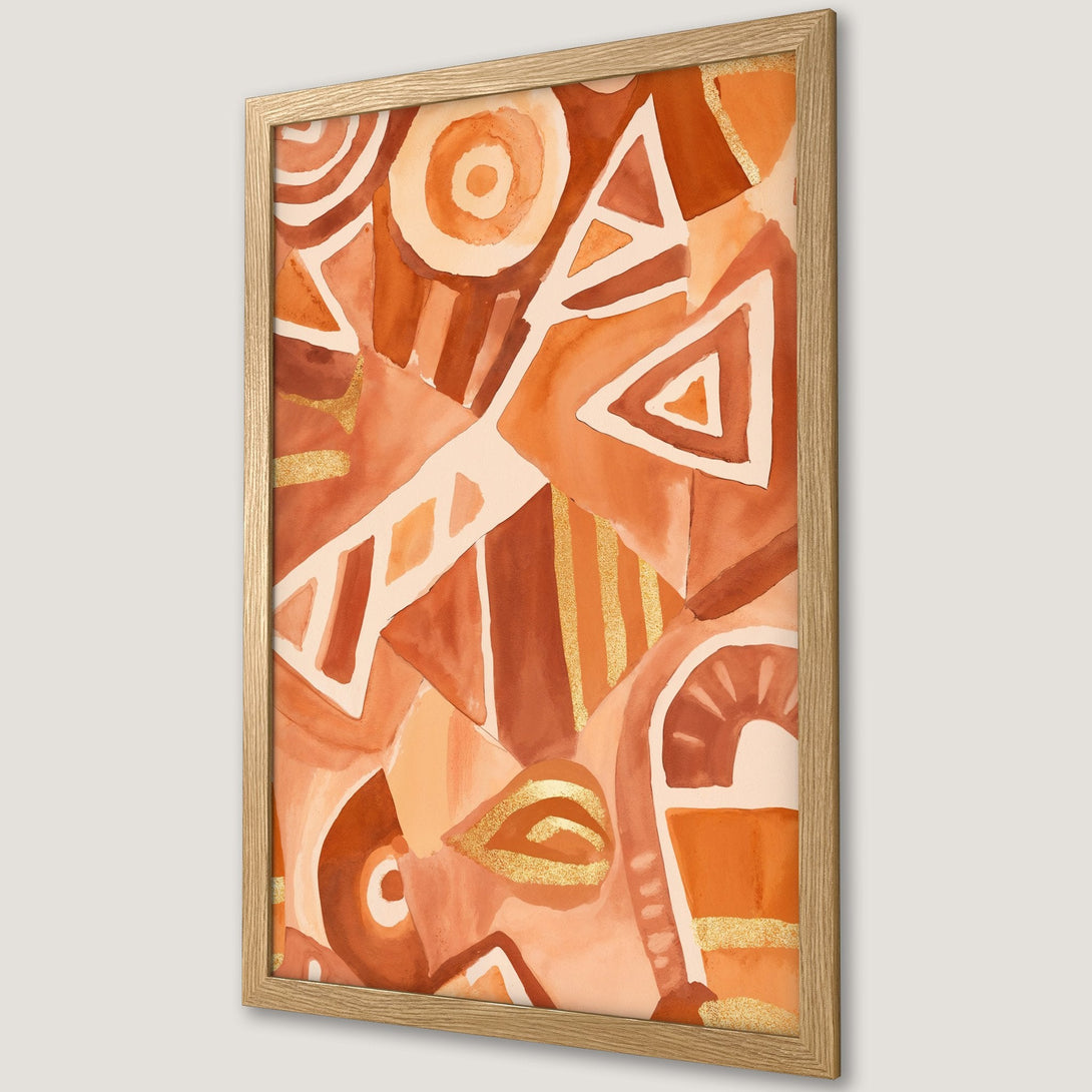 Framed Poster featuring abstract watercolor art in warm orange and brown tones with gold accents. Perfect wall decor!