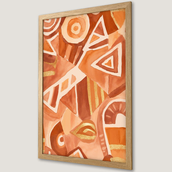 Framed Poster featuring abstract watercolor art in warm orange and brown tones with gold accents. Perfect wall decor!