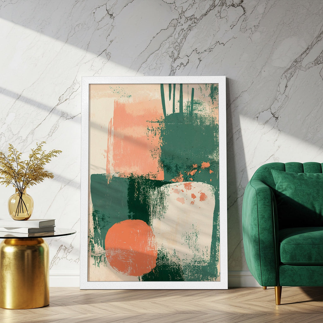 Framed Poster featuring abstract art with green, peach, and cream brushstrokes. Modern art print for stylish home decor.