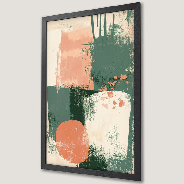Framed Poster featuring abstract art with a modern style. Earthy tones of green, peach, and cream create a stylish wall art piece.