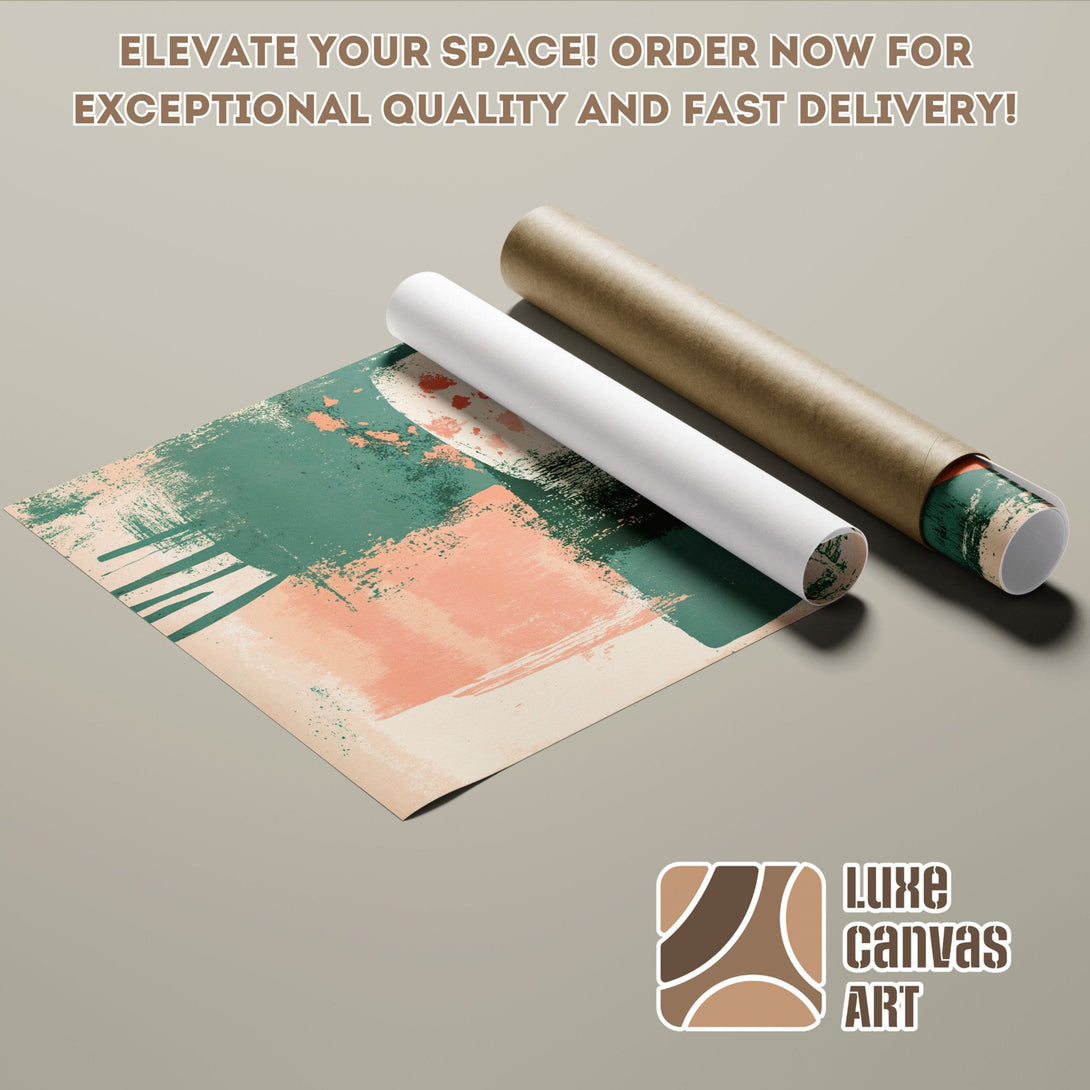 Abstract art poster roll in green, peach, and neutral tones. Elevate your space with a stylish Poster! Order now for fast delivery.