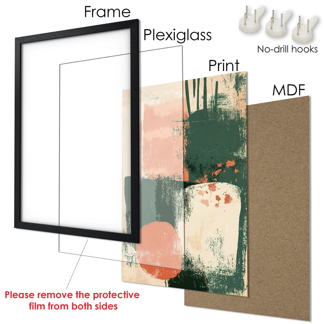 Framed Poster featuring abstract art in a modern style with a muted color palette of pink, green, and beige. Ready to hang!