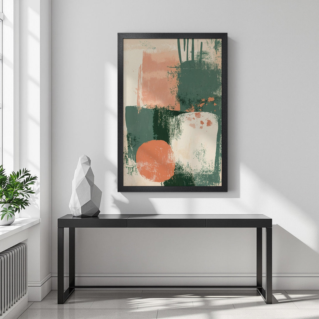 Framed Poster featuring abstract art in a modern style with a muted color palette of green, peach, and beige. Perfect wall decor!