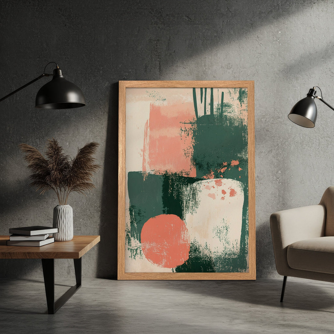 Framed Poster featuring abstract art in green, peach, and cream tones. Modern style wall art for your home decor.