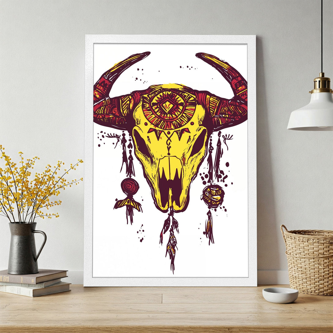 Framed Poster featuring a tribal bull skull art print. Bold design in yellow and red tones, perfect for modern boho decor.