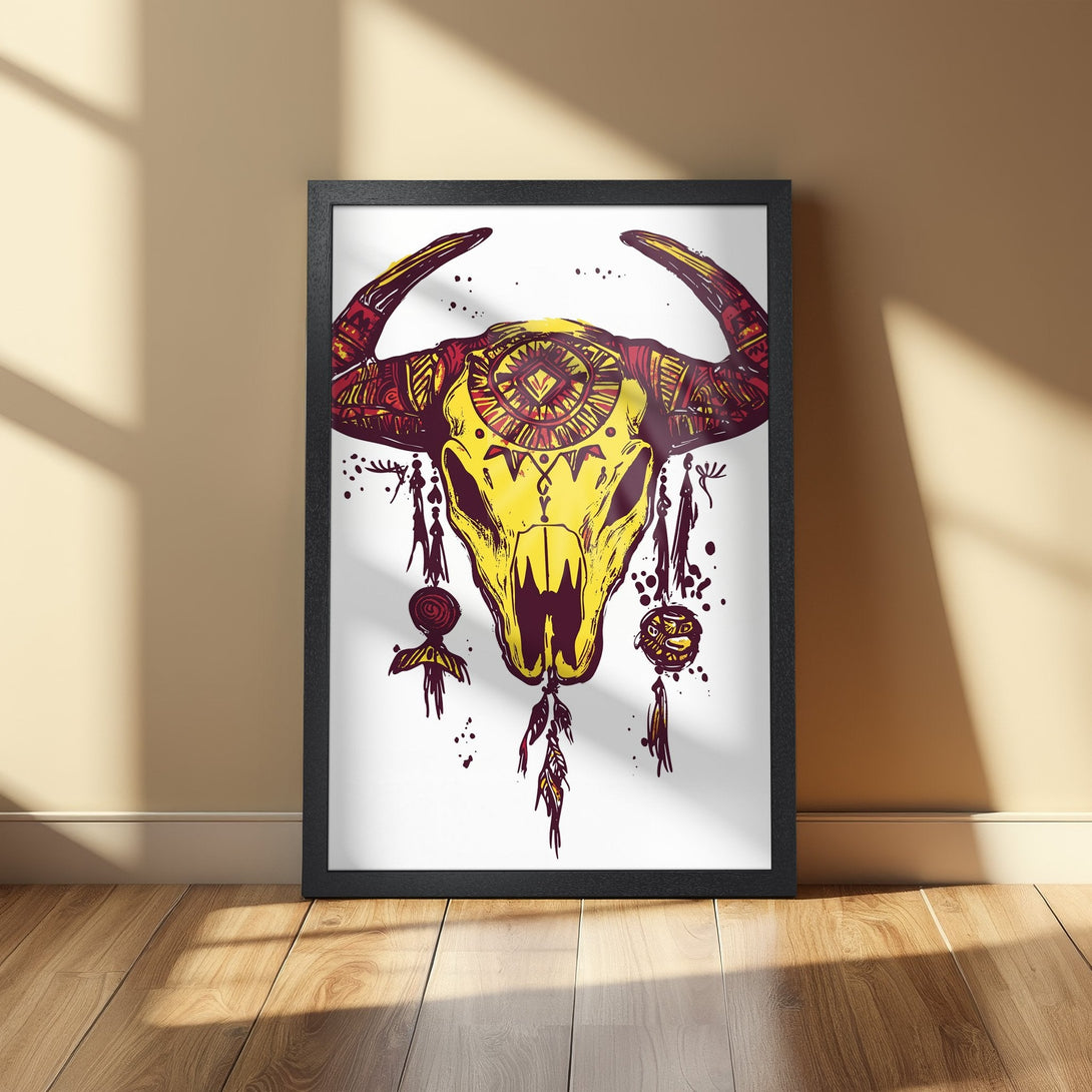Framed Poster featuring a tribal bull skull art print in yellow, red, and brown tones. Perfect wall decor!