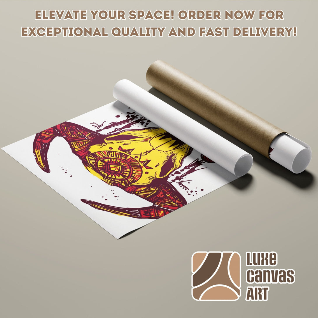 Poster Roll featuring a tribal skull design in a yellow, red, and brown color palette. Elevate your space with Luxe Canvas Art!