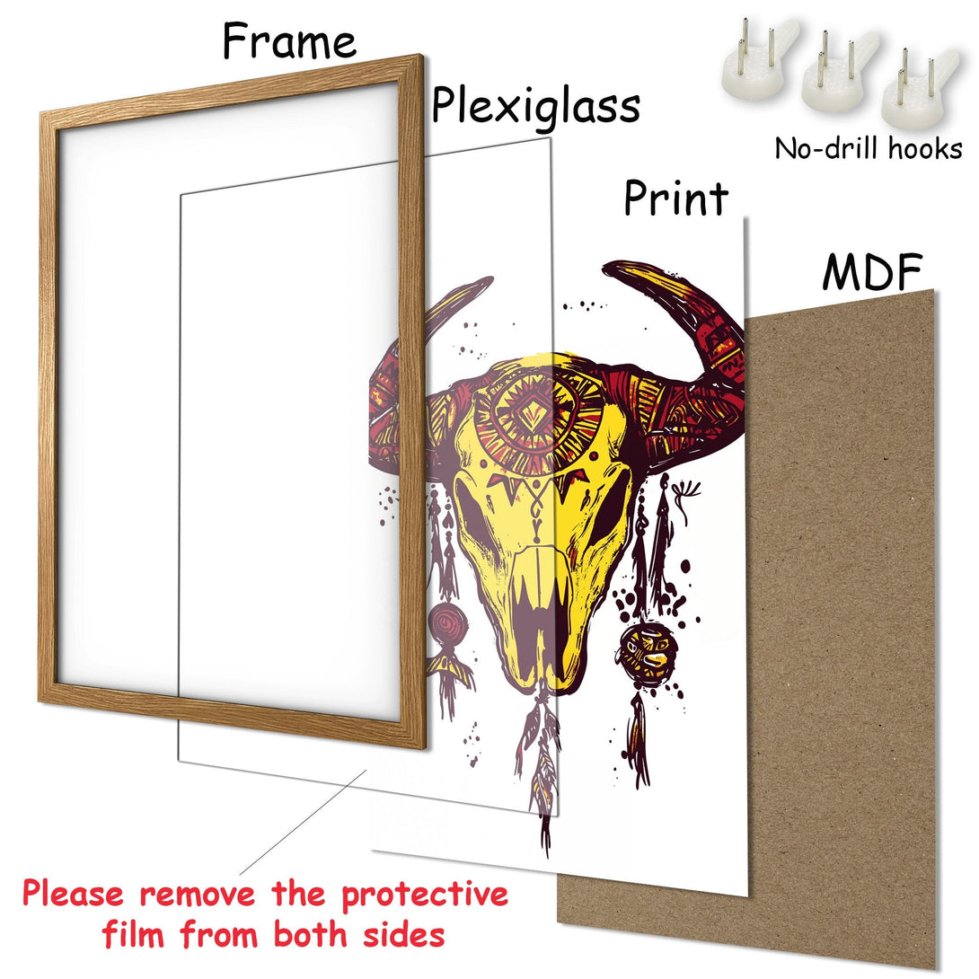 Framed Poster featuring a tribal bull skull design in yellow, red, and brown tones. Perfect wall art to elevate your space!