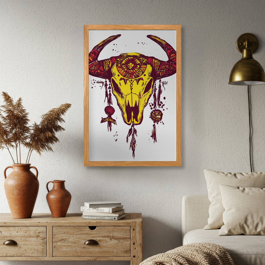 Framed Poster featuring a tribal bull skull illustration in yellow and red tones. Perfect boho wall art.