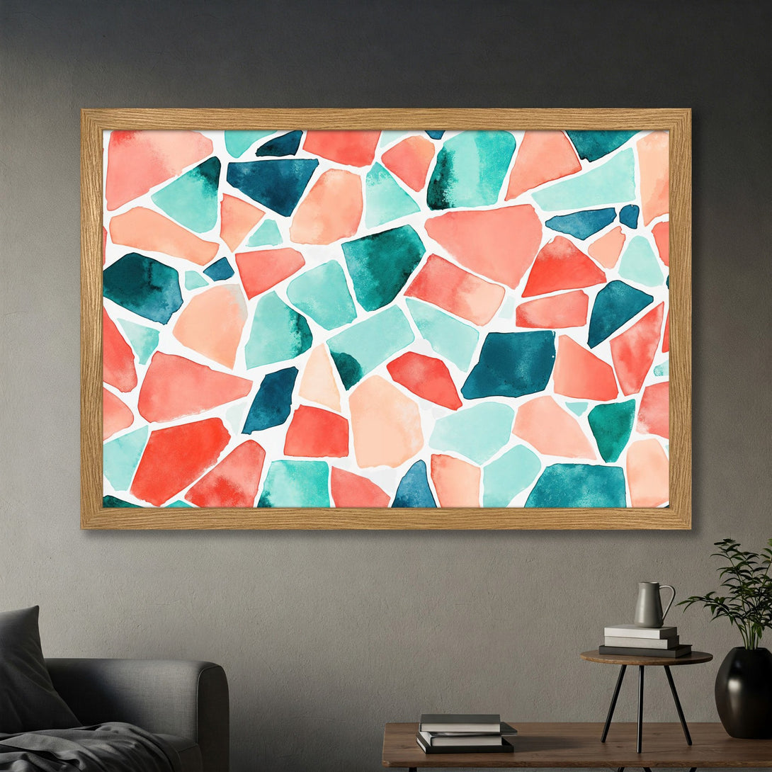 Framed Poster featuring a watercolor abstract design in coral, teal, and blue. Modern wall art for your home!