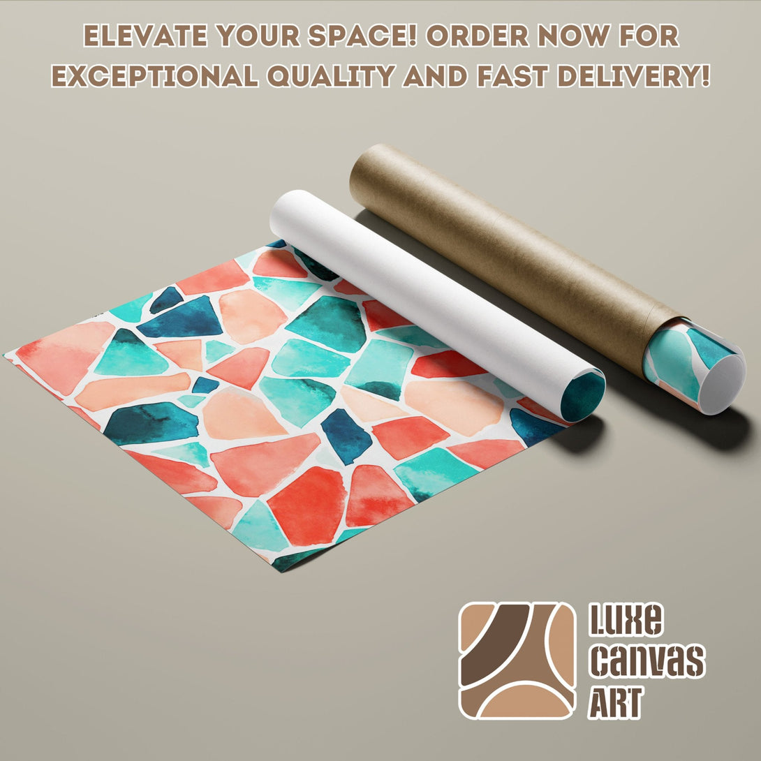 Abstract watercolor poster roll in teal, coral, and peach tones. Elevate your space with this art poster!