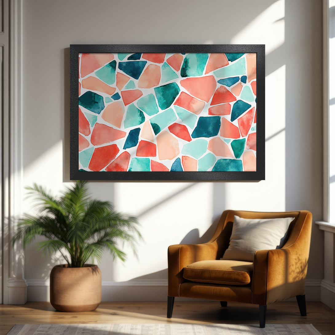 Framed Poster featuring abstract watercolor art in coral, teal, and navy. Modern decor piece for your home.