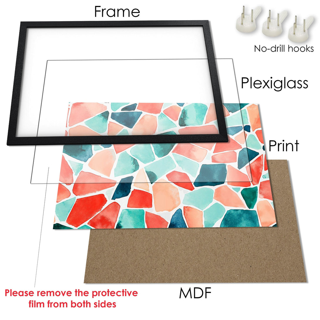 Framed Poster with abstract watercolor design in coral, teal, and navy. Modern art print ready to hang.
