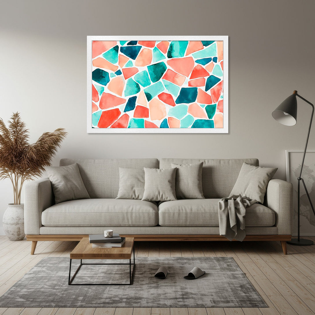 Framed Poster featuring abstract watercolor art in coral, teal, and blue. Modern home decor accent with a vibrant color palette.