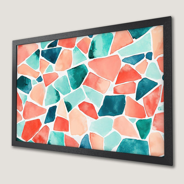 Framed Poster featuring abstract watercolor art in coral, teal, and navy. Modern wall decor for a stylish home.