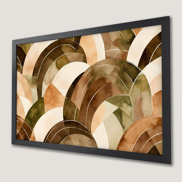 Framed Poster featuring abstract watercolor arches in earthy tones. Modern art print for home decor.