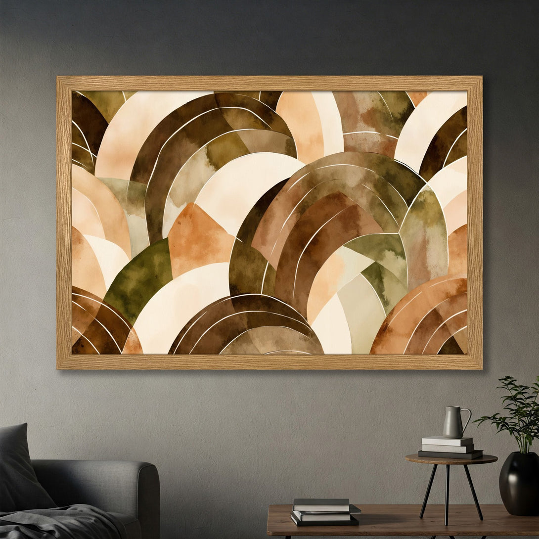Framed Poster featuring an abstract watercolor design in earthy tones. Perfect wall art for a modern home.
