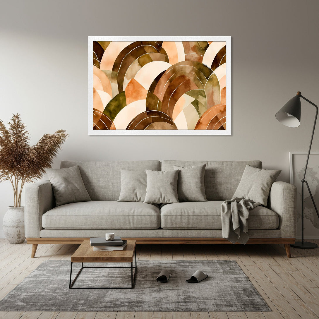 Framed Poster featuring abstract watercolor art in warm earth tones, perfect for modern home decor.