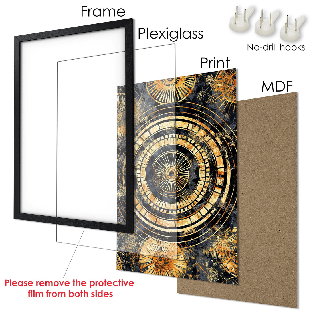 Framed Poster with abstract geometric design in gold and black. Modern art print for home decor.