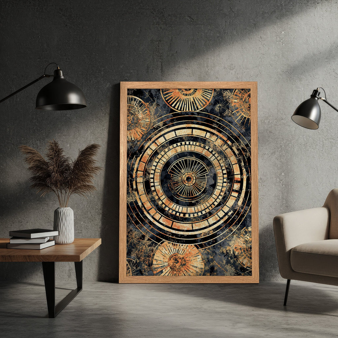 Framed Poster featuring an abstract geometric design in a dark, moody color palette of black, gold, and orange. Perfect wall art!