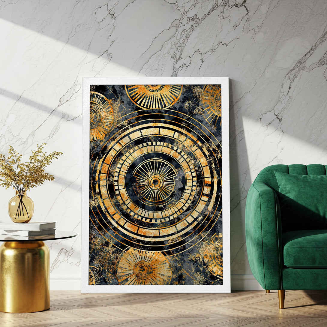 Framed Poster featuring an abstract geometric design in gold and black, perfect for modern home decor.