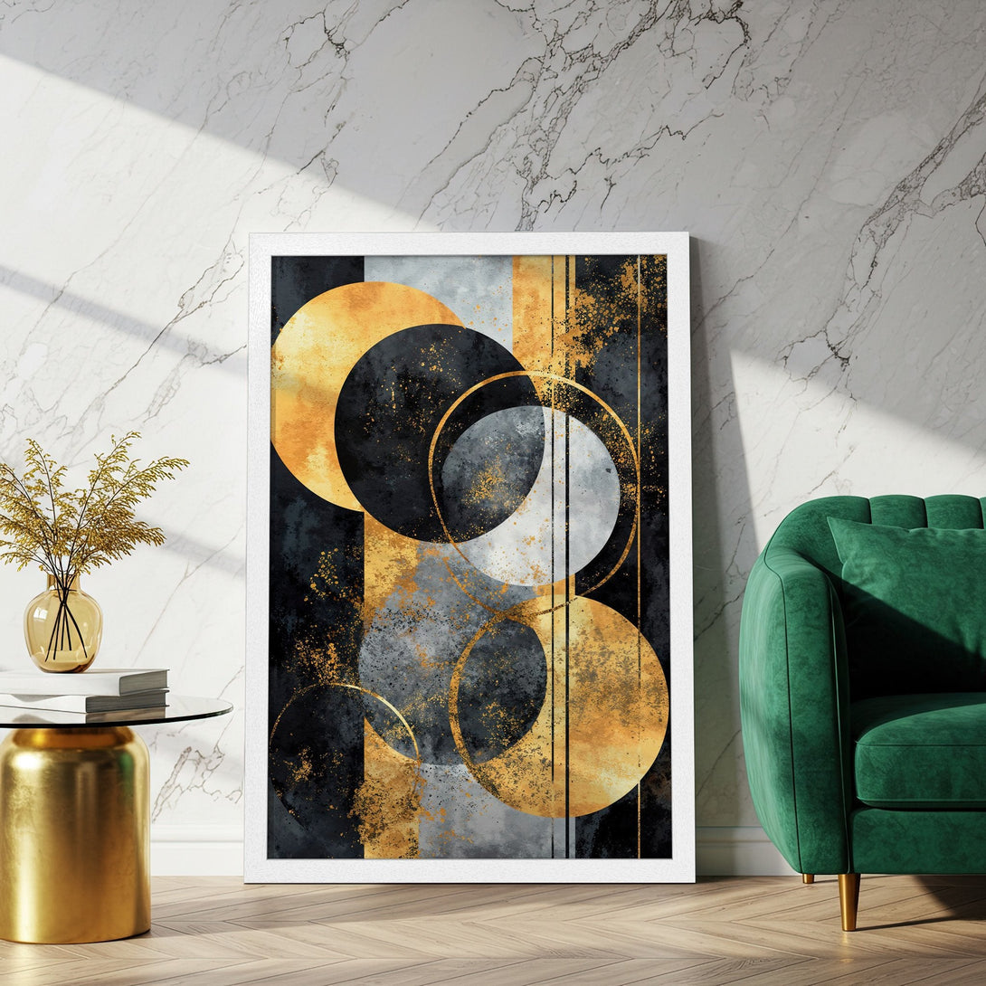 Framed Poster featuring abstract geometric art with gold, black, and gray tones. Modern wall art for home decor.