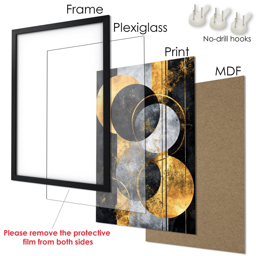 Framed Poster featuring abstract gold and gray geometric art. Modern style, perfect for home decor.