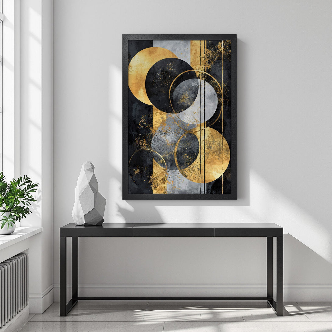 Framed Poster featuring gold and black abstract geometric art. Modern style, elegant color palette.