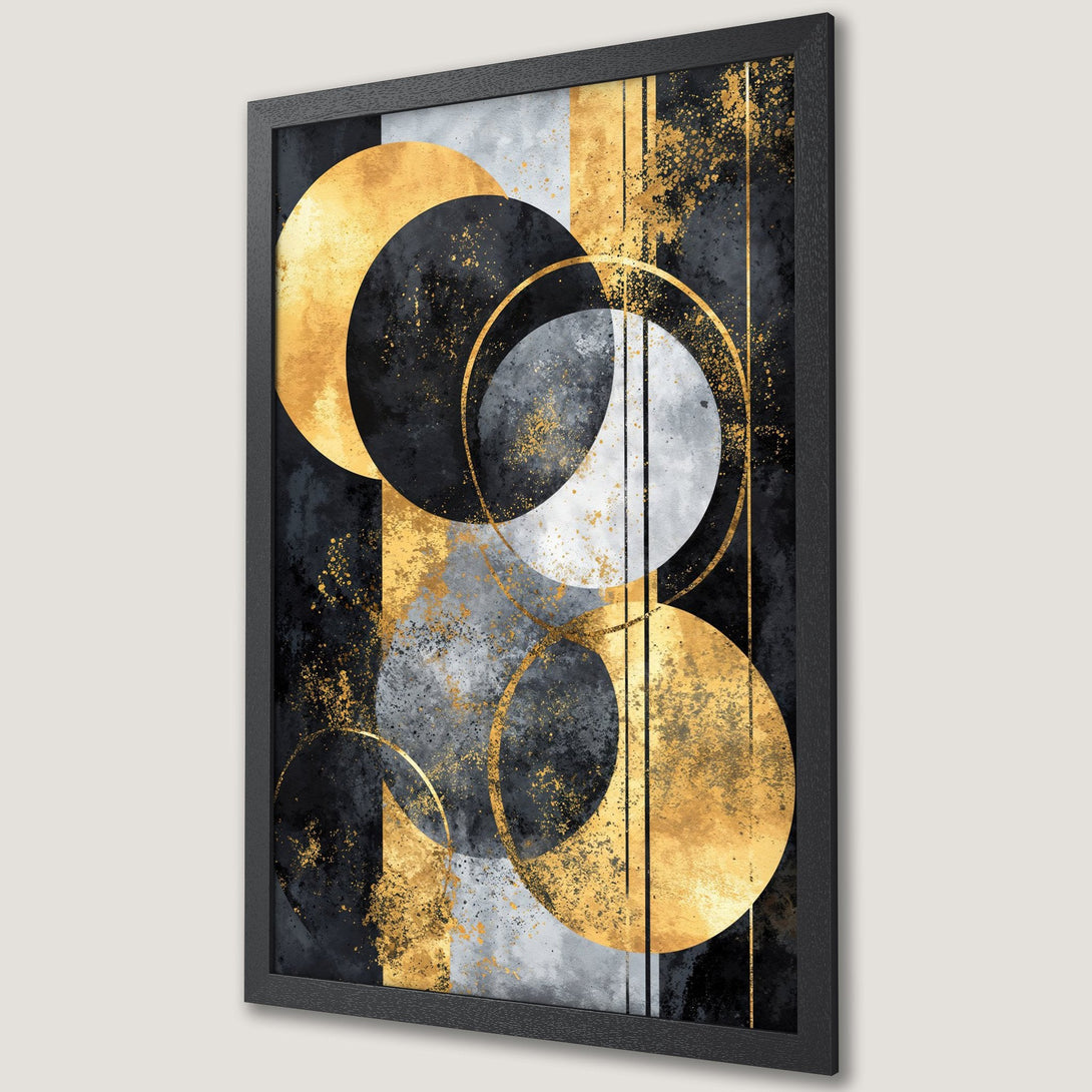 Framed Poster featuring abstract geometric art with gold, black, and gray color palette. Modern art print for your home decor.