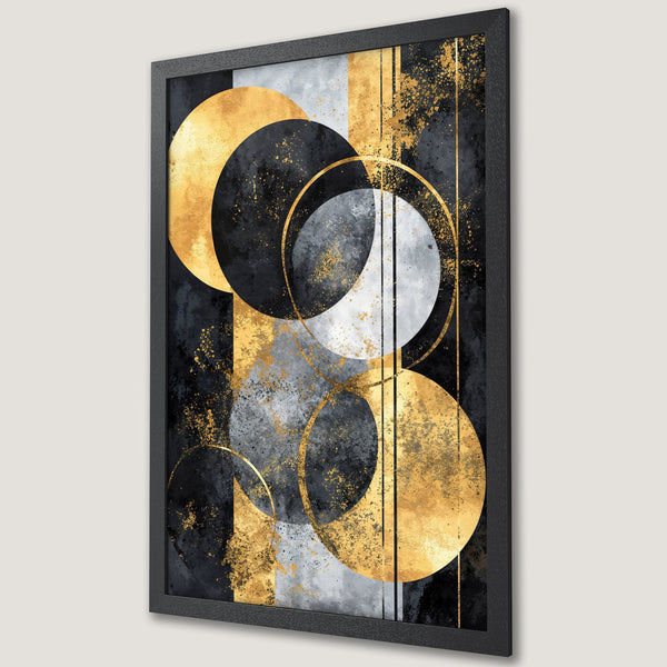 Framed Poster featuring abstract geometric art with gold, black, and gray color palette. Modern art print for your home decor.