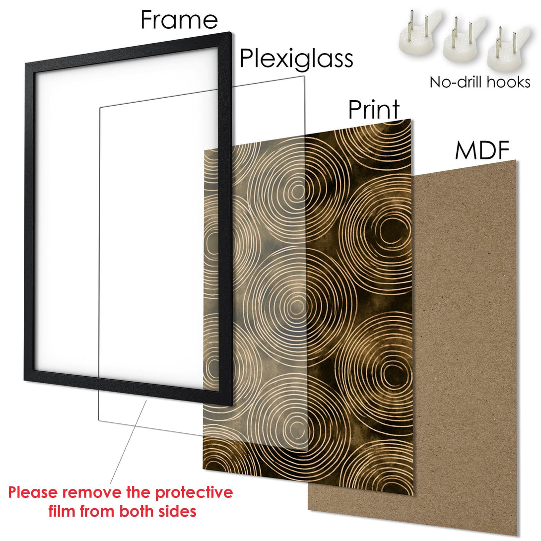 Framed Poster with abstract gold spiral design. Modern art style with a warm, earthy color palette. Ready to hang!