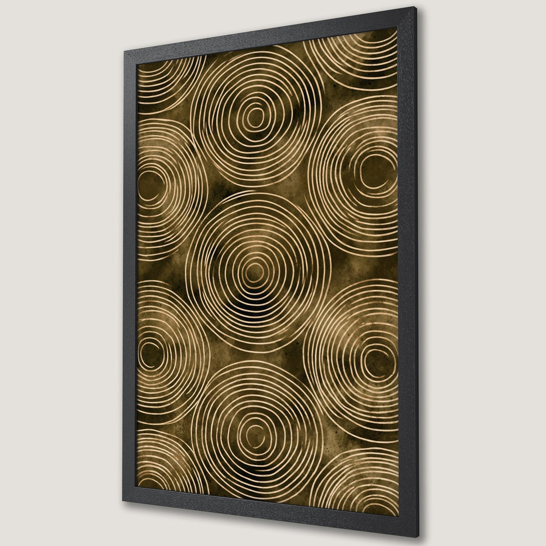 Framed Poster featuring abstract spiral design in gold and brown tones. Modern art print for home decor.