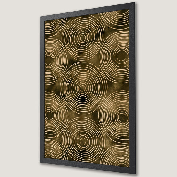 Framed Poster featuring abstract spiral design in gold and brown tones. Modern art print for home decor.