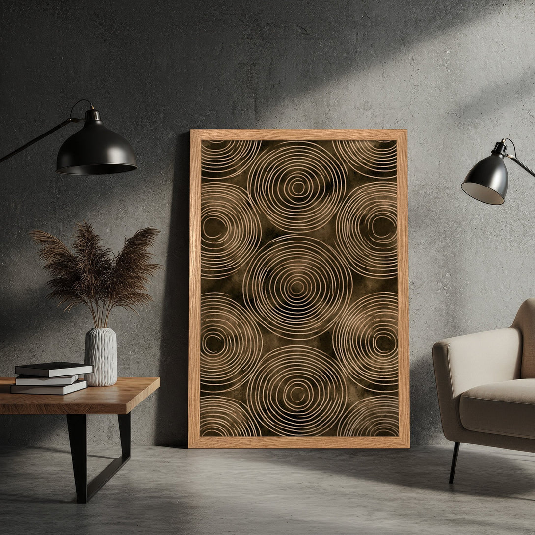 Framed Poster with abstract spiral design in brown and beige tones, perfect for modern home decor.
