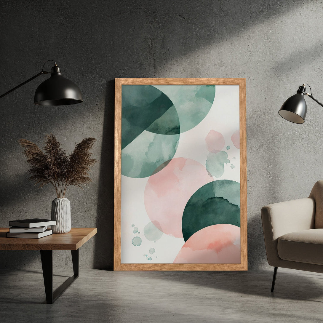 Framed Poster featuring abstract watercolor art with green and pink circles. Modern wall decor for your home.