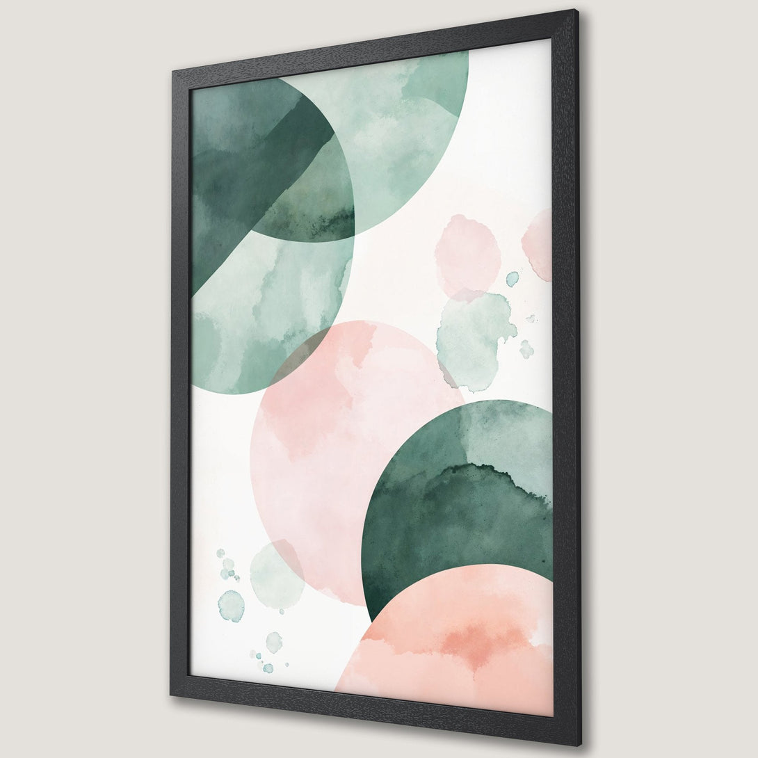 Framed Poster featuring abstract watercolor circles in pink, green, and teal. Modern art print for home decor.