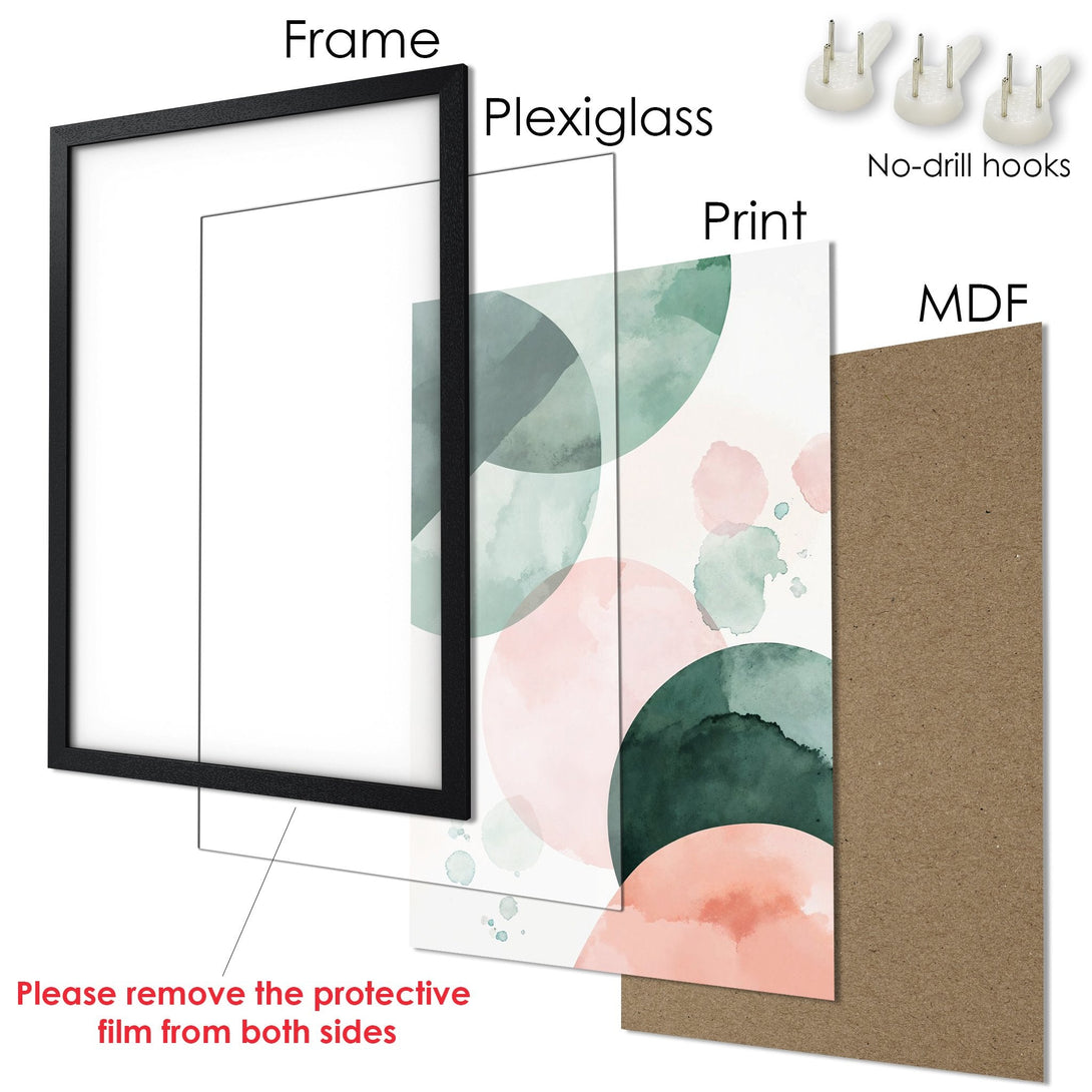 Framed Poster with abstract watercolor design in green & pink. Modern art print for your home decor.