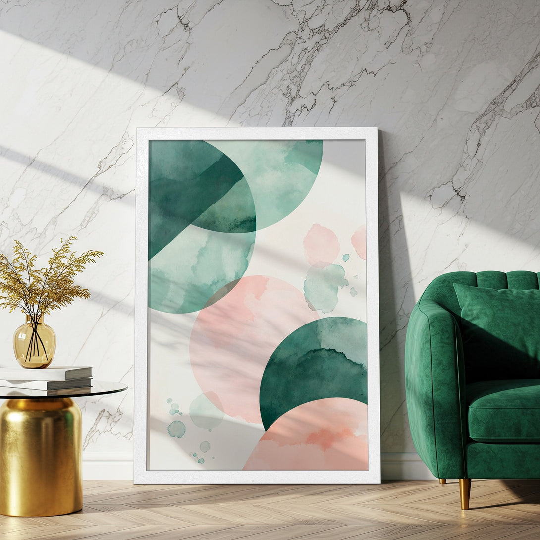 Framed Poster featuring abstract watercolor circles in teal and blush pink, perfect for modern home decor.