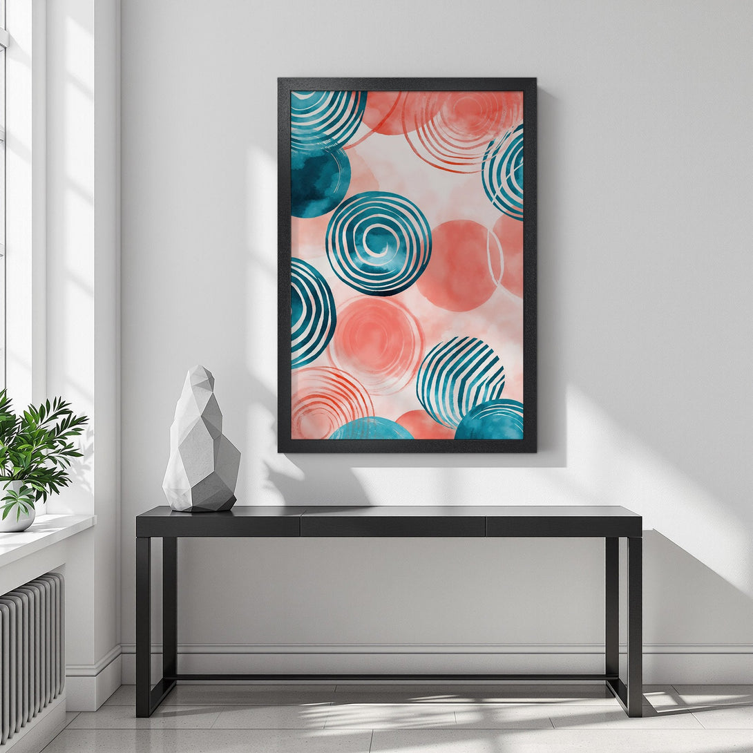 Framed Poster featuring abstract teal & coral circles. Modern art print for home decor. Enhance your space with this stylish Poster!