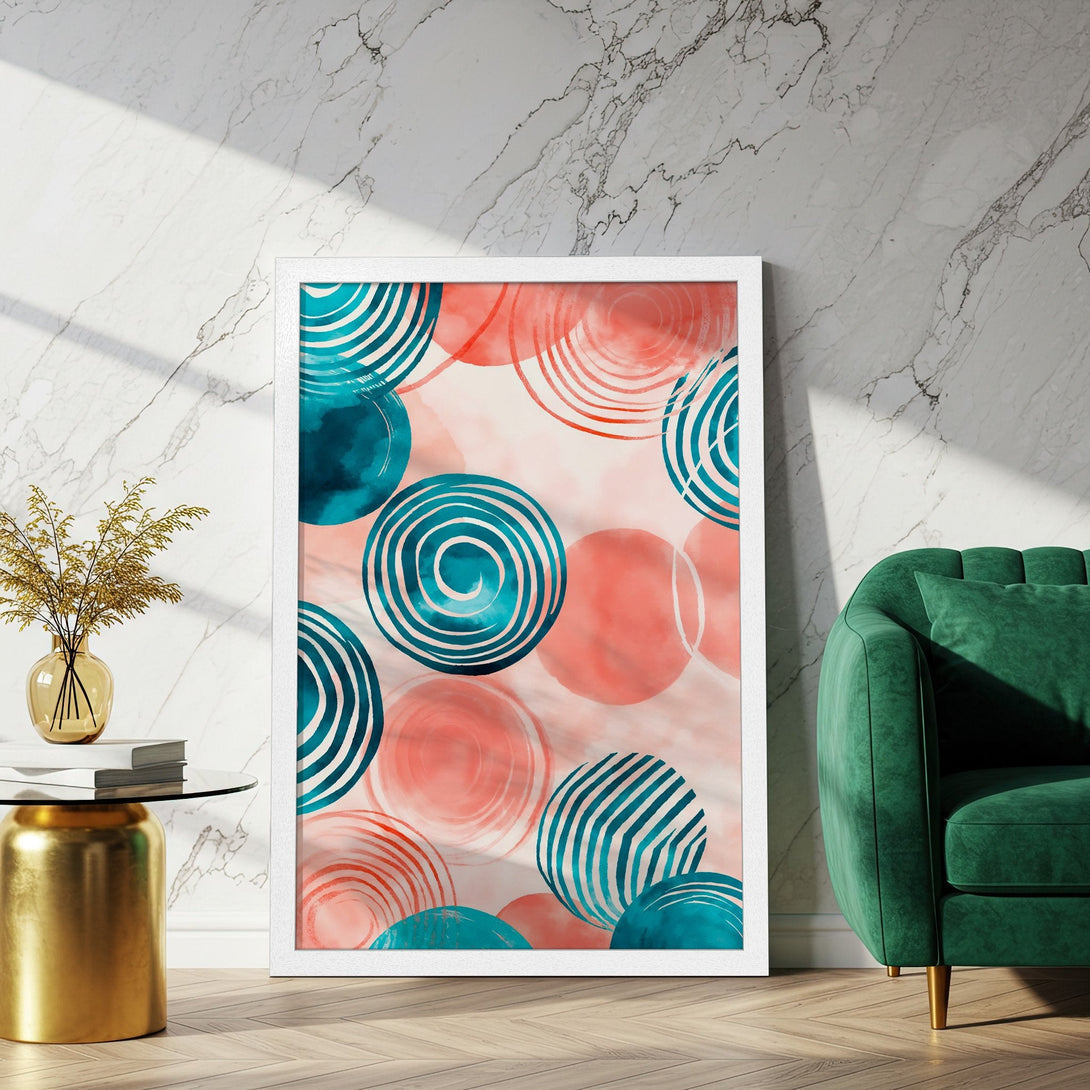 Framed Poster featuring abstract teal and coral circles. Modern art print in a minimalist style, perfect for home decor.