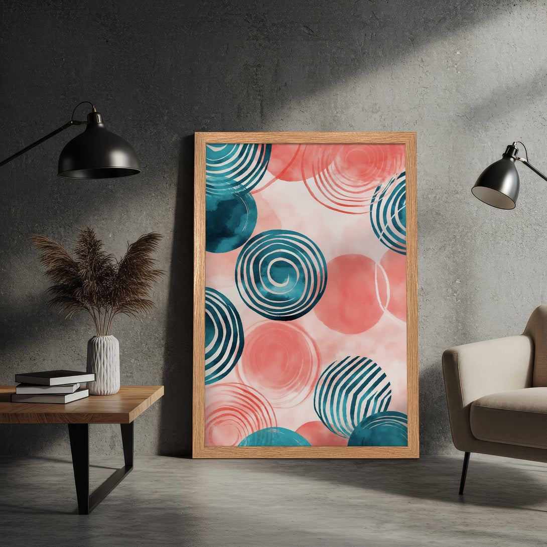 Framed Poster featuring abstract watercolor circles in teal and coral, perfect for modern home decor.