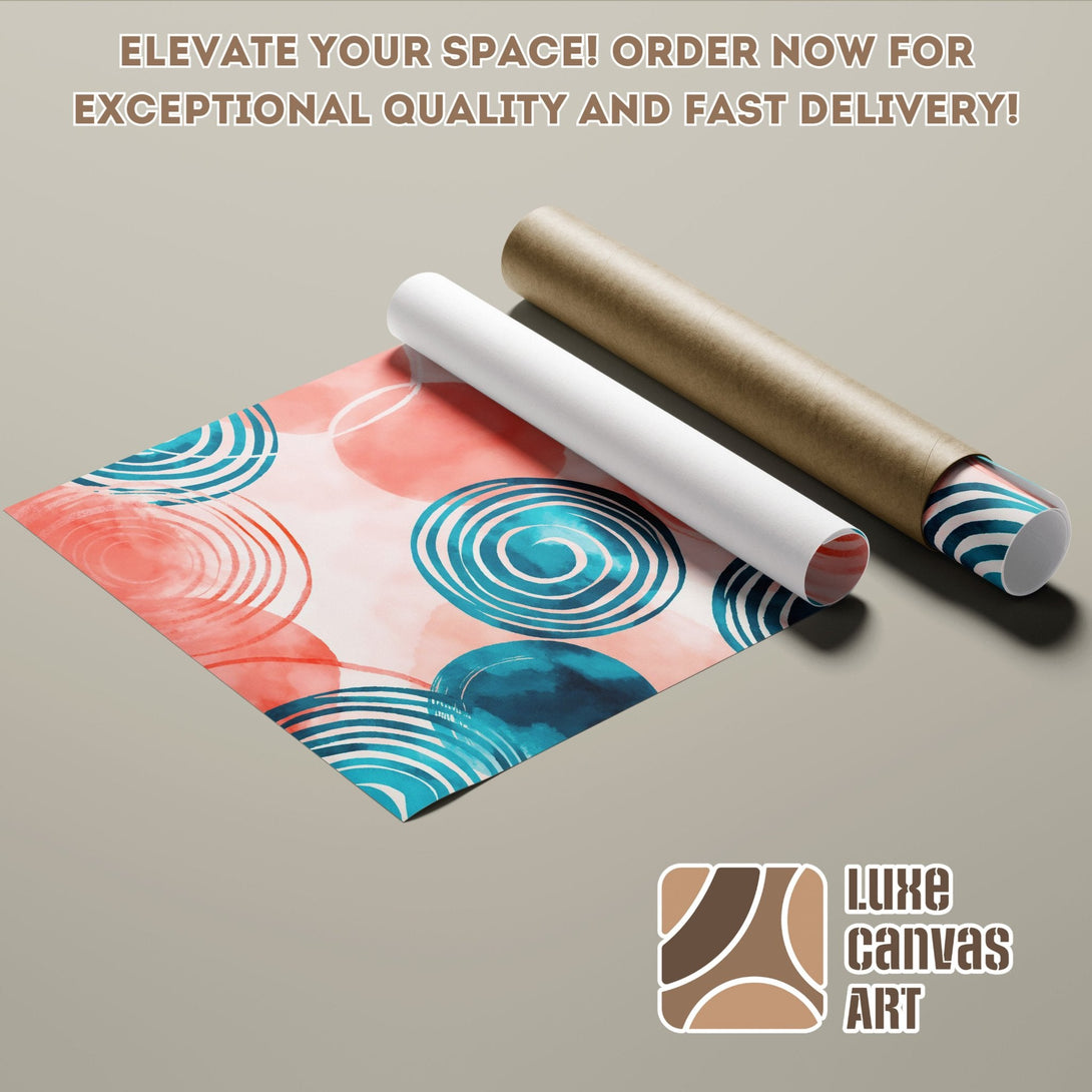 Abstract art poster roll with teal and coral watercolor design. Elevate your space with this beautiful poster!