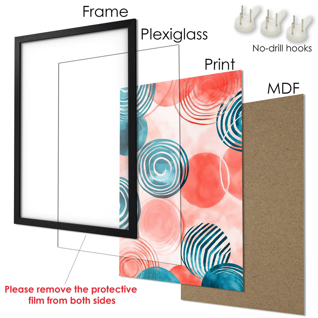 Framed Poster with abstract watercolor design in coral and teal. Modern art print for home decor.