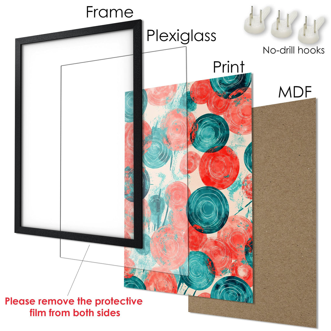 Framed Poster with abstract art in teal, red, and beige. Modern wall decor for your home. Ready to hang!