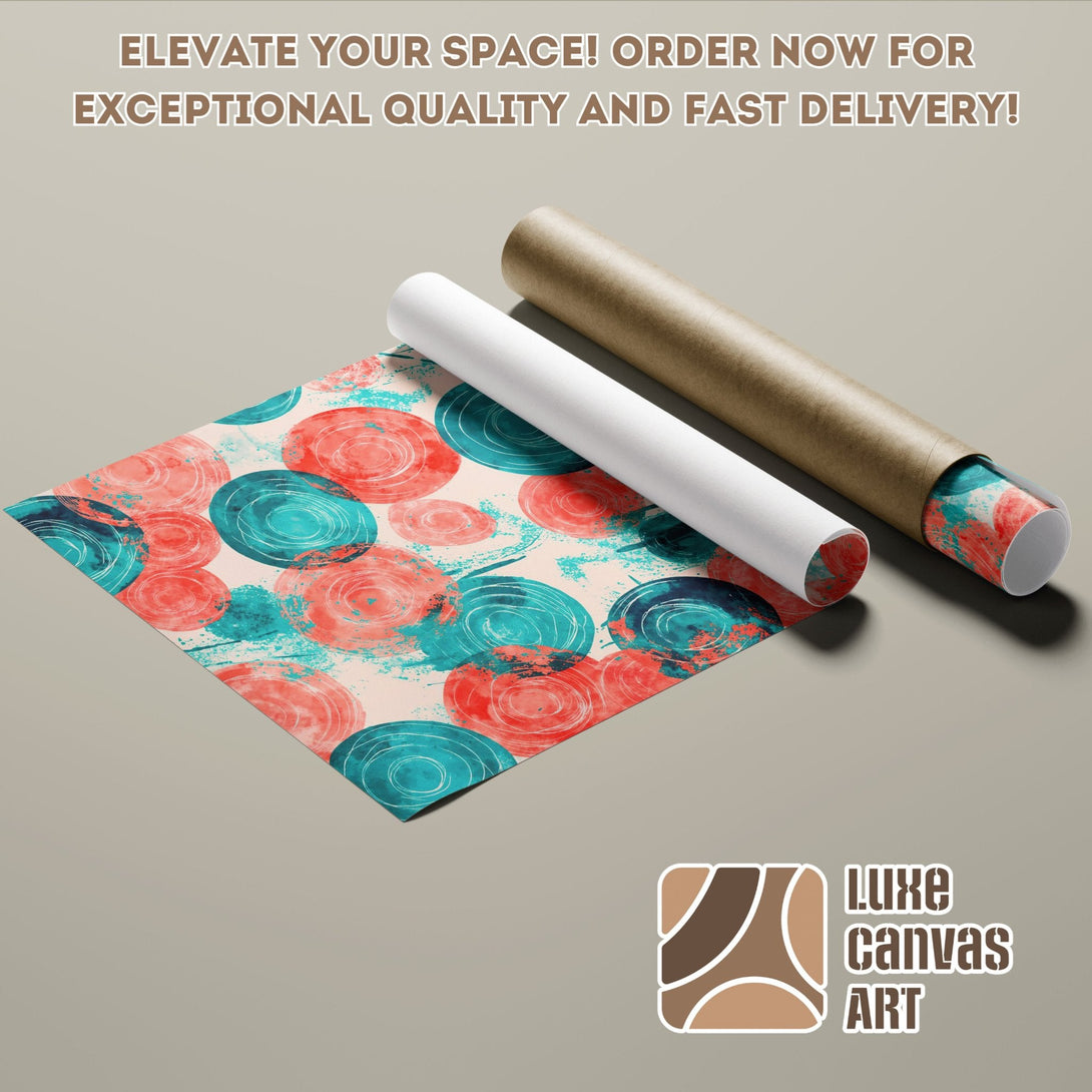 Abstract art poster roll with teal and coral circles. Elevate your space with Luxe Canvas Art!