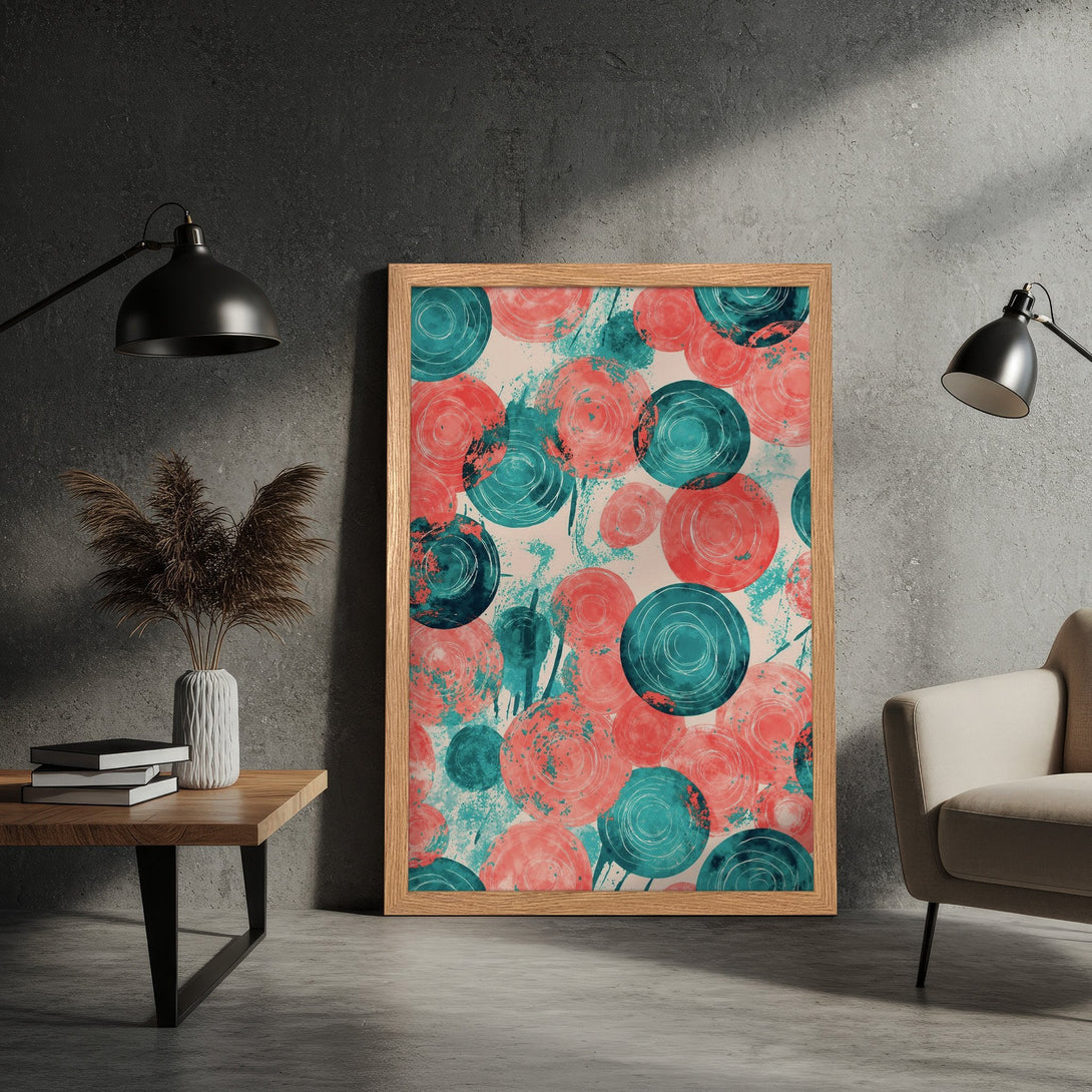 Framed Poster featuring abstract art with teal and coral circles. Modern style art print for home decor.