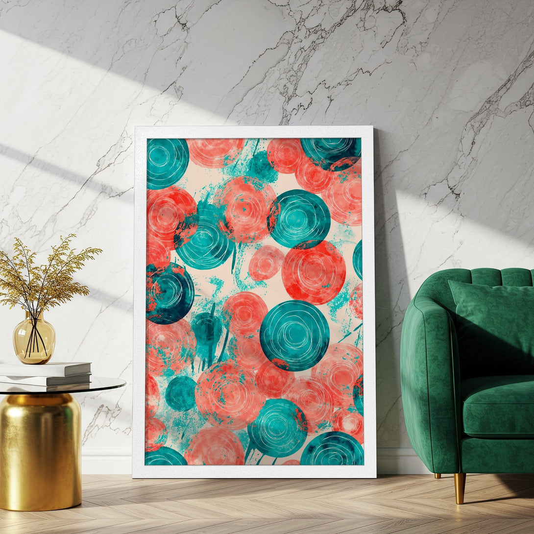 Framed Poster featuring abstract circles in teal and coral, perfect for modern decor. Enhance your space with this art print!