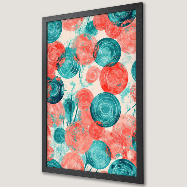 Framed Poster featuring abstract circles in teal and coral. Modern art print with a vibrant, eye-catching design. Perfect wall decor.